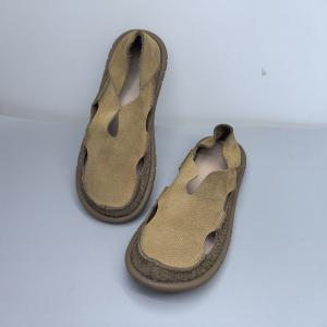 Hollow Out Cowhide Breathable Summer Wide Toe Flats
