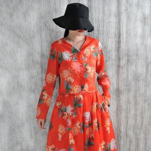 Chrysanthemum Patterns Organic Ramie Red Blouse