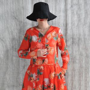 Chrysanthemum Patterns Organic Ramie Red Blouse