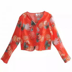 Chrysanthemum Patterns Organic Ramie Red Blouse