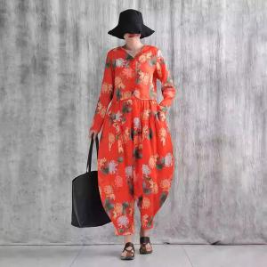 Chrysanthemum Patterns Organic Ramie Red Blouse