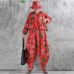 Peony Printed Customized Red Linen Blouse Cardigan
