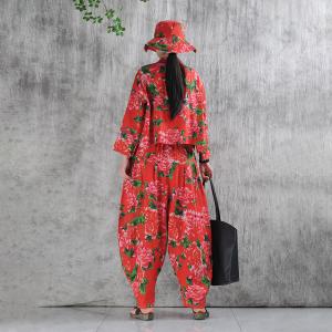Peony Printed Customized Red Linen Blouse Cardigan