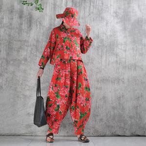 Peony Printed Customized Red Linen Blouse Cardigan