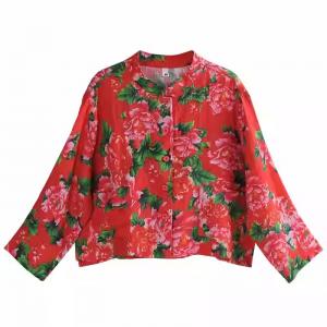 Peony Printed Customized Red Linen Blouse Cardigan