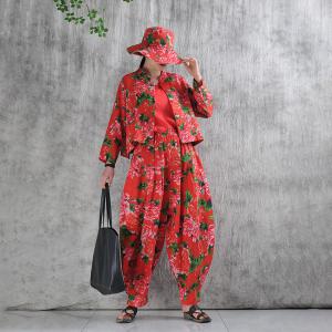 Peony Printed Customized Red Linen Blouse Cardigan