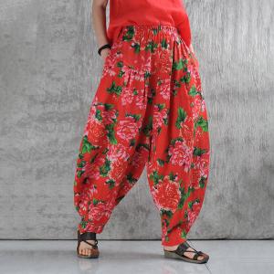 Oriental Chic Peony Red Linen Elephant Pants