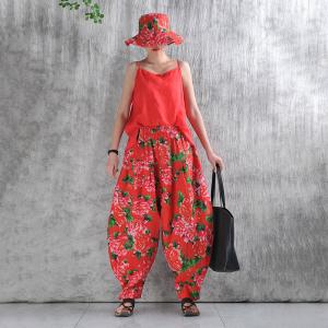 Oriental Chic Peony Red Linen Elephant Pants