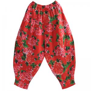 Oriental Chic Peony Red Linen Elephant Pants