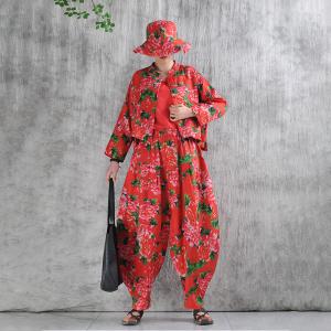 Oriental Chic Peony Red Linen Elephant Pants
