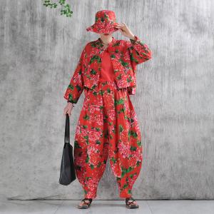 Oriental Chic Peony Red Linen Elephant Pants