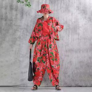 Adjustable Peony Printed Red Linen Hat
