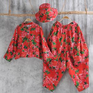 Adjustable Peony Printed Red Linen Hat