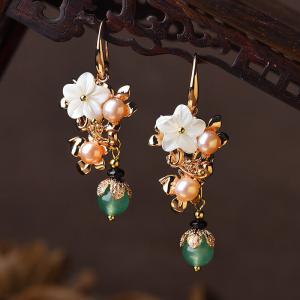 Shell Flowers Pearl Ethnic Aventurine Earrings