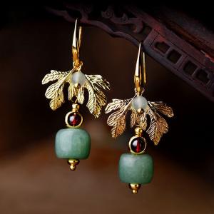 Gold Leaf Aventurine and Garnet Qipao Earrings