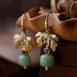 Gold Leaf Aventurine and Garnet Qipao Earrings