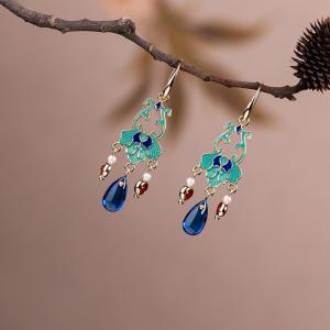Oriental Fashion Blue Glass Red Agate Pendant Earrings