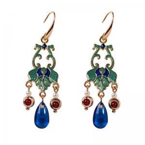 Oriental Fashion Blue Glass Red Agate Pendant Earrings