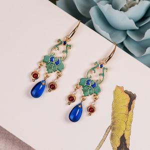 Oriental Fashion Blue Glass Red Agate Pendant Earrings