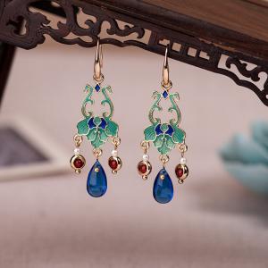 Oriental Fashion Blue Glass Red Agate Pendant Earrings