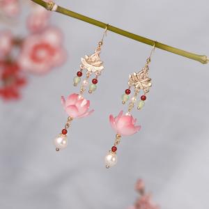 Colored Glaze Lotus and Aventurine Ethnic Long Earrings