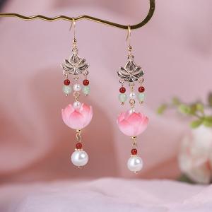 Colored Glaze Lotus and Aventurine Ethnic Long Earrings
