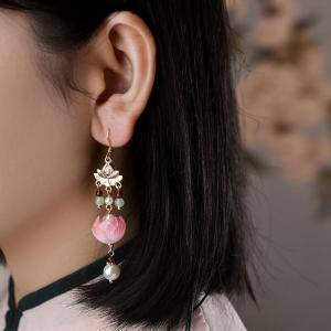 Colored Glaze Lotus and Aventurine Ethnic Long Earrings