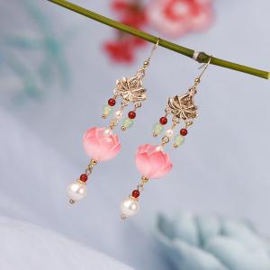 Colored Glaze Lotus and Aventurine Ethnic Long Earrings