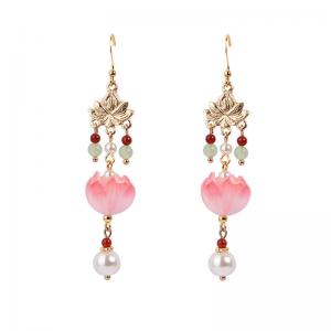 Colored Glaze Lotus and Aventurine Ethnic Long Earrings