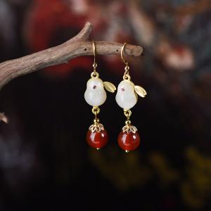 Oriental Traditional Chalcedony and Red Agate Earrings