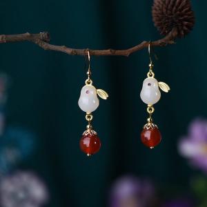 Oriental Traditional Chalcedony and Red Agate Earrings