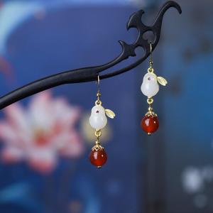 Oriental Traditional Chalcedony and Red Agate Earrings