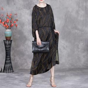 Golden Leaf Black Slit Jacquard Tied Waist Dress