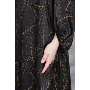 Golden Leaf Black Slit Jacquard Tied Waist Dress