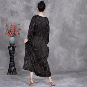 Golden Leaf Black Slit Jacquard Tied Waist Dress