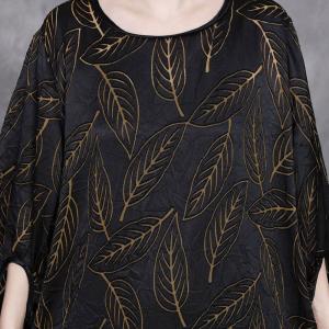 Golden Leaf Black Slit Jacquard Tied Waist Dress
