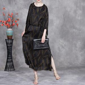 Golden Leaf Black Slit Jacquard Tied Waist Dress