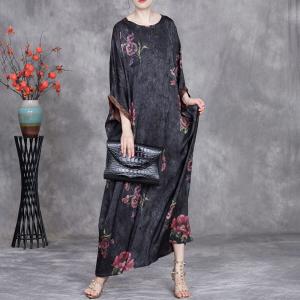 Purple Peony Black Loose Jacquard Maxi Dress