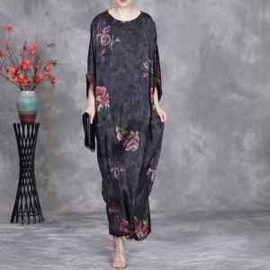 Purple Peony Black Loose Jacquard Maxi Dress