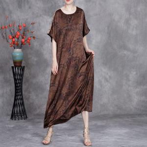 Over50 Style Coffee Printed Oriental Elegant Summer Dress