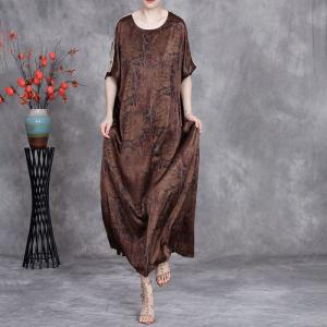 Over50 Style Coffee Printed Oriental Elegant Summer Dress