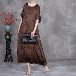 Over50 Style Coffee Printed Oriental Elegant Summer Dress