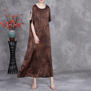 Over50 Style Coffee Printed Oriental Elegant Summer Dress
