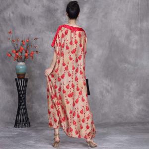 Roses Printed Red Breathable Loose Shift Dress