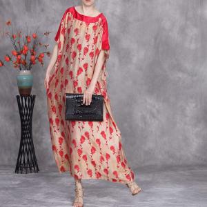Roses Printed Red Breathable Loose Shift Dress