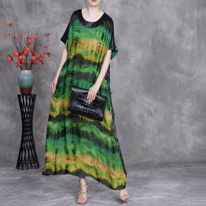 Green Ink Painting Silk Plus Size Caftan Dress