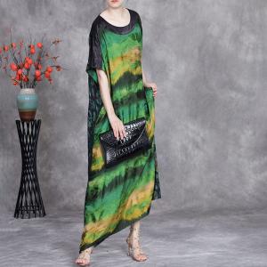 Green Ink Painting Silk Plus Size Caftan Dress