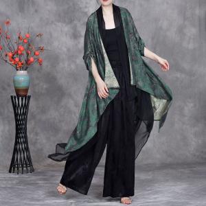 Dark Green Printed Flowing Waterfall Cardigan