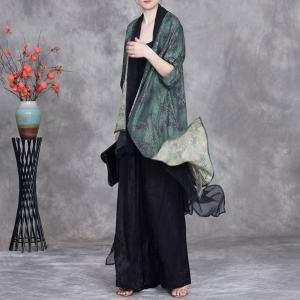 Dark Green Printed Flowing Waterfall Cardigan