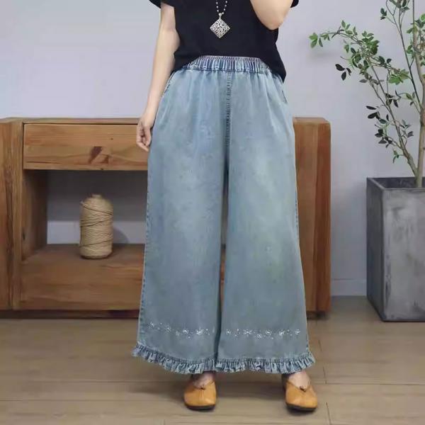 Ruffle Hem Wide Leg Light Wash Embroidery Jeans